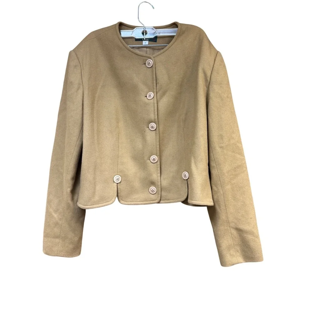 Orvis Women100% Wool Camel Tan Collarless Cropped Blazer Jacket Size 14 USA Made
